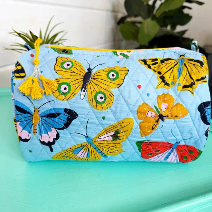 Blue Butterfly Quilted Cosmetics Toiletry Bag