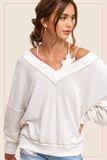 La Miel Deep V-Neck Long Sleeve Waffle Top in White