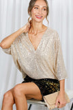 Vine & Love Allover Sequin V-Neck Dolman Sleeve Blouse in Gold