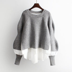 KooPros Crewneck Patchwork Combo Pullover Sweater in Gray