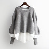 KooPros Crewneck Patchwork Combo Pullover Sweater in Gray