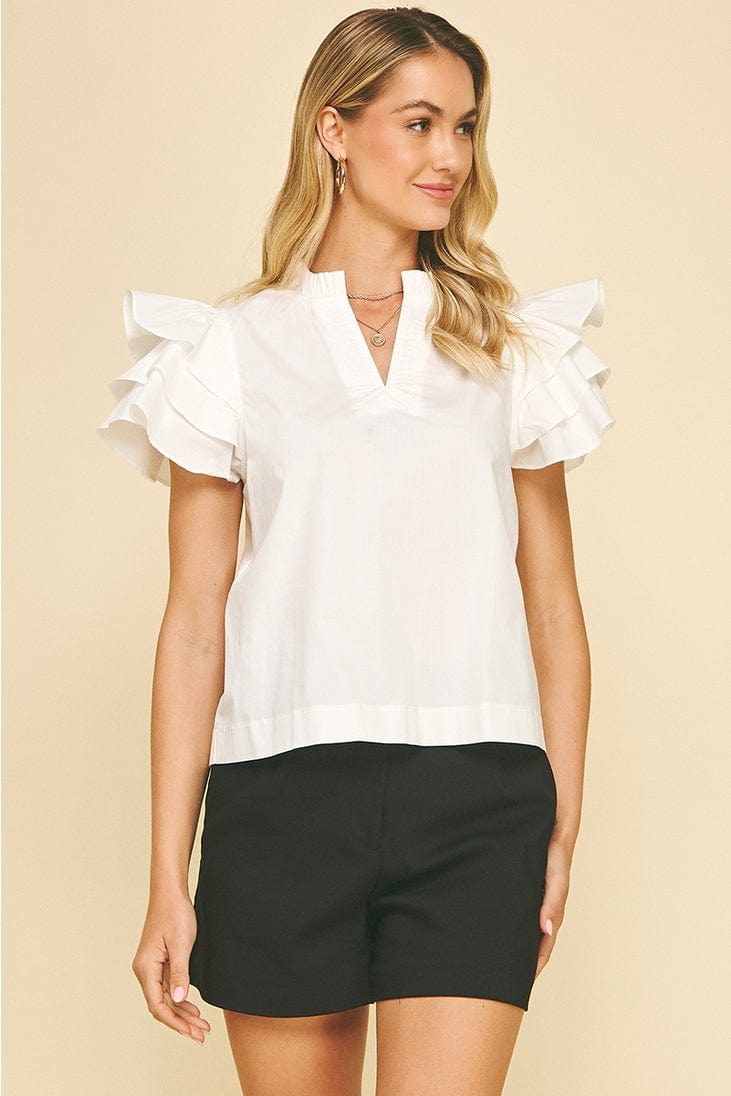 Ruffle Sleeve V-Neck Short Sleeve Blouse in Off White Little