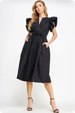 Strut & Bolt Flutter Sleeve Poplin Midi Dress in Black