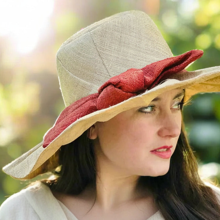 Natural & Red 5" Brim Lilly Fan Pleated Straw Sun Hat with Big Bow