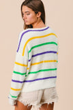 Vanilla Monkey Mardi Gras Striped V-Neck Shaggy Sweater