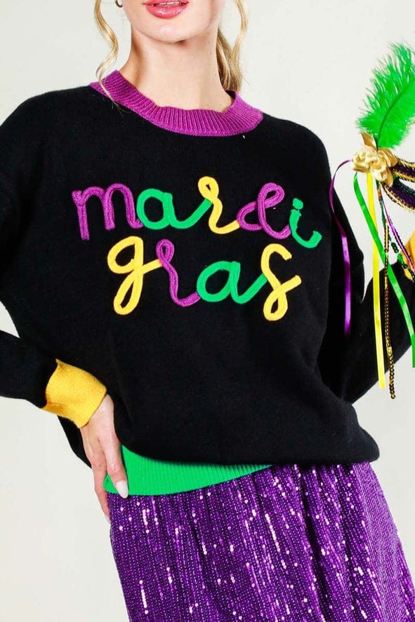Vine & Love Vine & Love Mardi Gras Contrast Letter Sweater in Black - Little Miss Muffin Children & Home