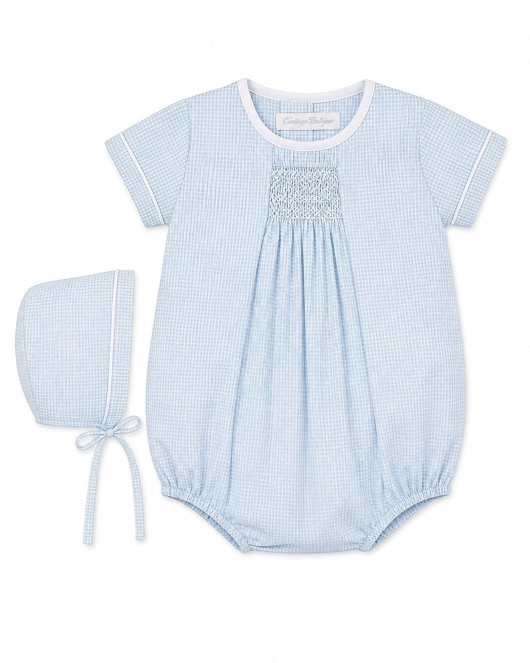 Boy Smocked Blue Gingham Creeper Romper with Matching Hat