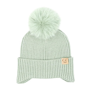 C.C Beanie Kids Ear Flap Pom Beanie in Sage