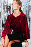 Vine & Love Long Balloon Sleeve Round Neck Velvet Blouse Top in Burgundy