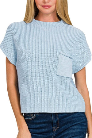 Vanilla Monkey Mock Neck Short Sleeve Sweater in Light Blue