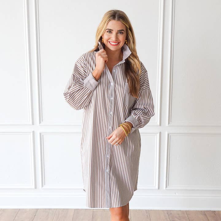 brown striped button down dress