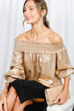 Vine & Love Smocked Off-the-Shoulder Metallic Blouse in Gold