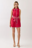 Scallop Trim Sleeveless Mini Shirt Dress with Sash Belt
