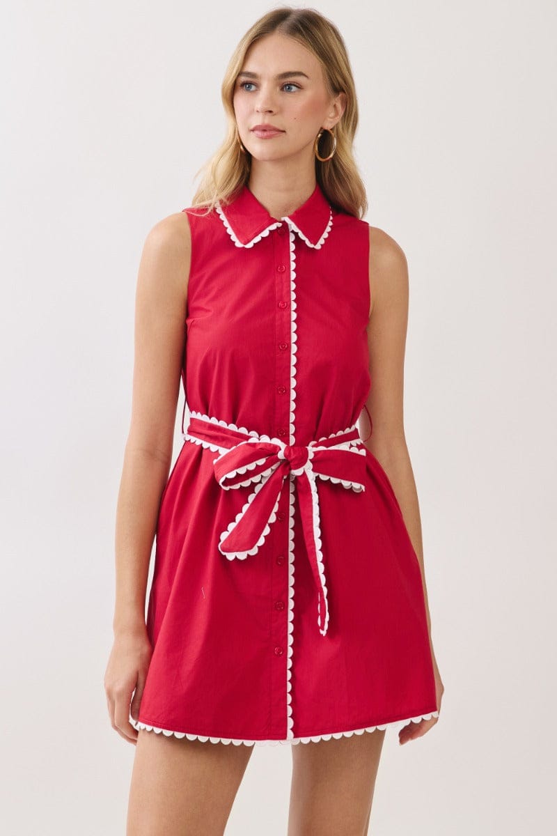 Scallop Trim Sleeveless Mini Shirt Dress with Sash Belt