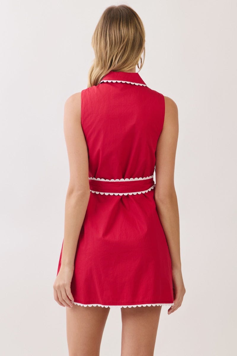 Scallop Trim Sleeveless Mini Shirt Dress with Sash Belt