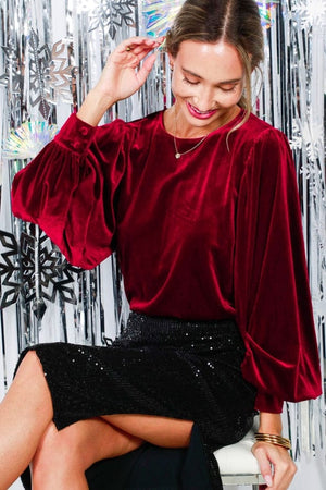 Vine & Love Long Balloon Sleeve Round Neck Velvet Blouse Top in Burgundy