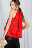 Vine & Love Metallic Halter Neck Tie Back Blouse in Red