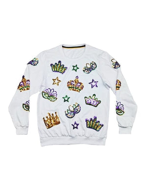 Mardi Gras Creations Youth Crown & Mask French Terry Light Weight Pullover -White