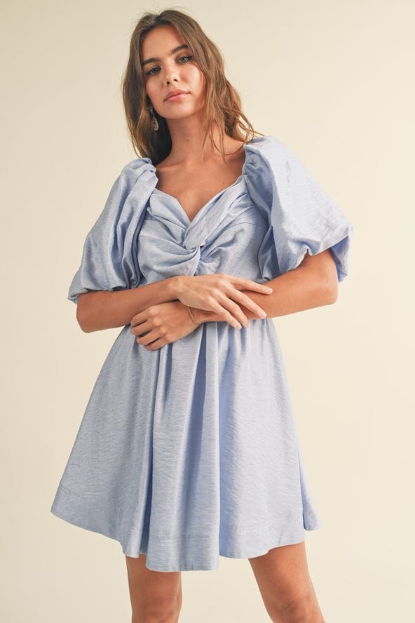 Puff Ballon Sleeve Knot Front Detail Dress in Blue Puff Ballon Sleeve Knot Front Detail Dress in Blue