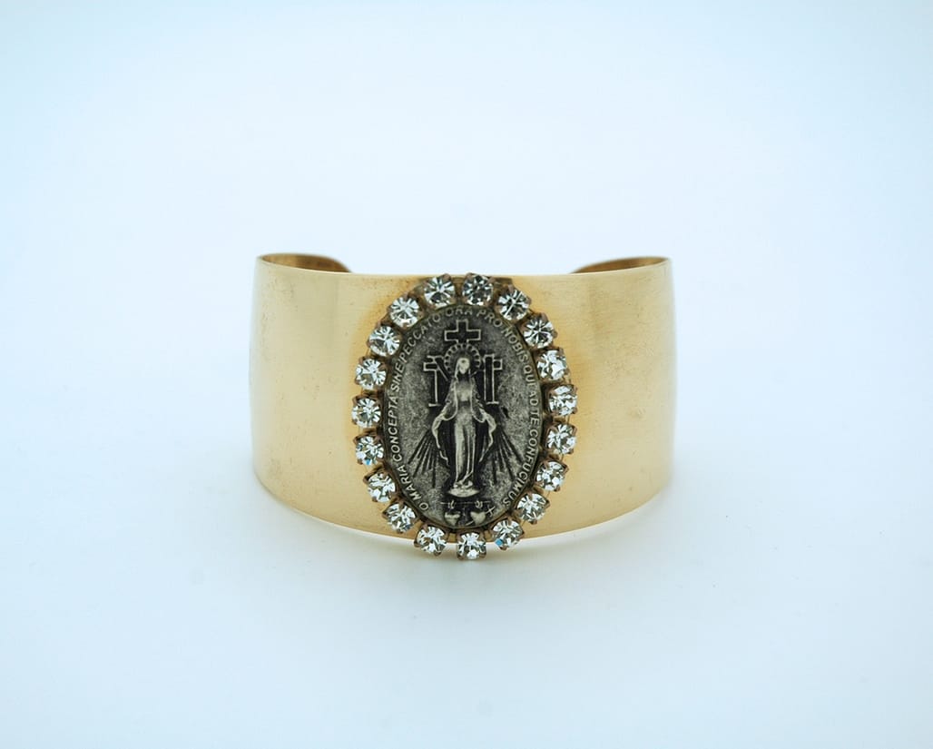 Vintage Style Cuff Bracelet, Miraculous Medal, Clear Swarovski Crystals