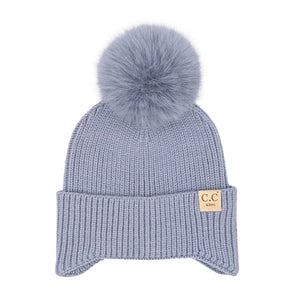 C.C Beanie Kids Ear Flap Pom Beanie in Ice Blue