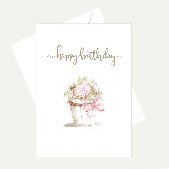 Greeting card with floral design and 'happy birthday' text on a white background