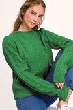 La Miel Cable Knit Crew Neck Sweater in Pine Tree