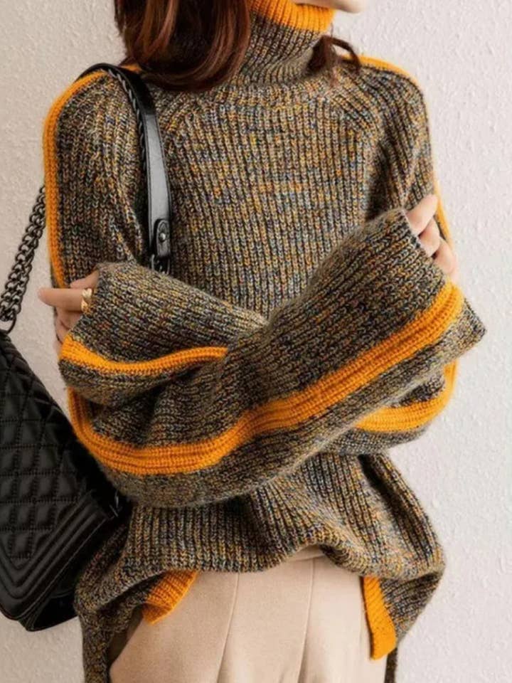 brown and orange chunky knit turtle neck sweater