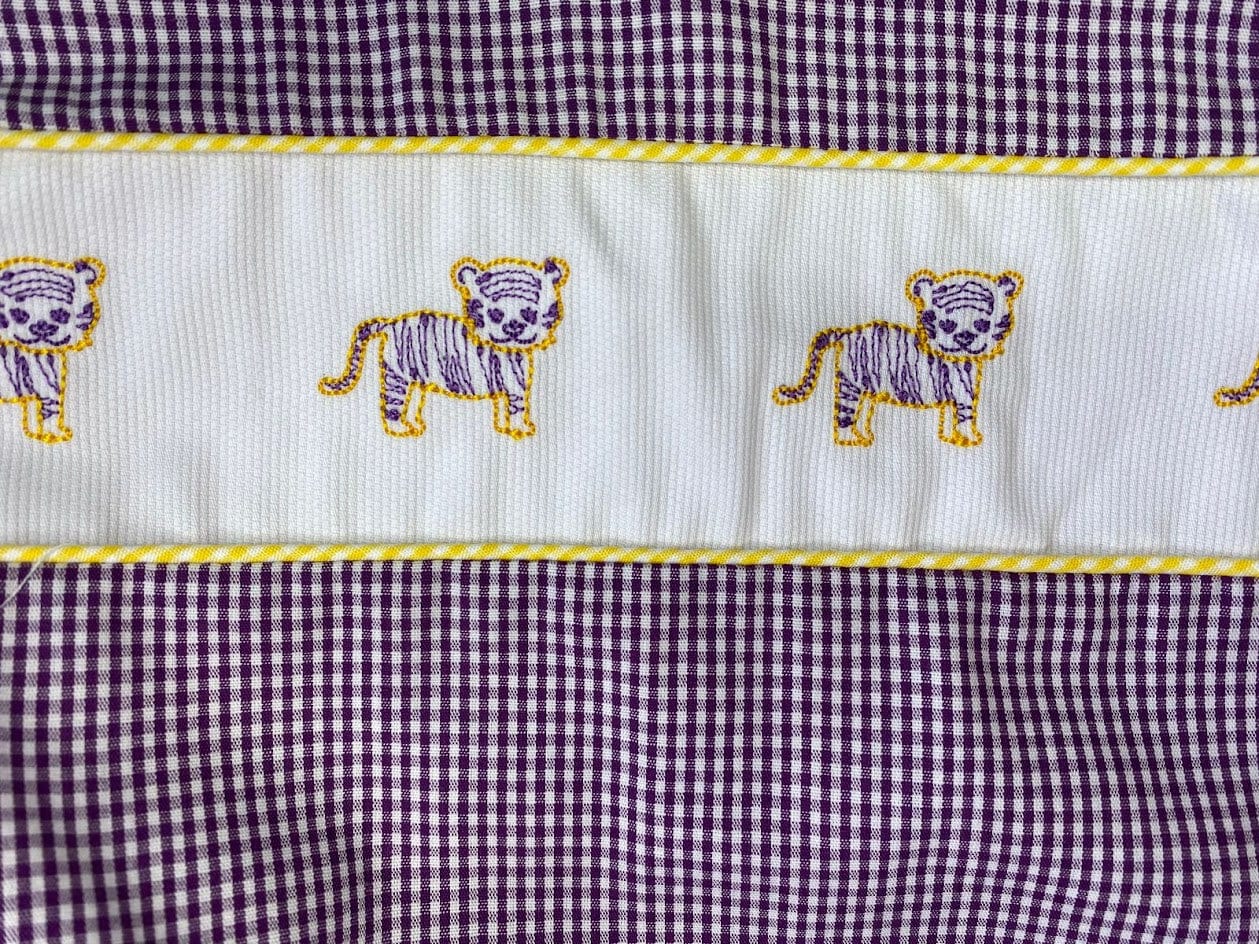 Lulu Bebe Lulu Bebe Pete LSU Tiger Embroidered Gingham Shortall - Little Miss Muffin Children & Home