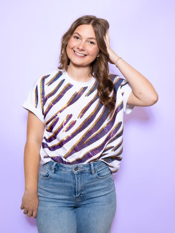 Bomb Designs Purple & Gold Tiger Stripe Women's Sequin Design Tee - Little Miss Muffin Children & Home