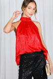 Vine & Love Metallic Halter Neck Tie Back Blouse in Red