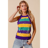 Ive Mardi Gras Stripe Tank Sweater with Clear Sequins