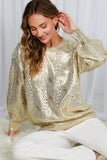 Vine & Love Crew Neck Cable Knit Metallic Foil Sweater in Gold