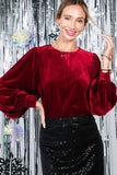 Vine & Love Long Balloon Sleeve Round Neck Velvet Blouse Top in Burgundy