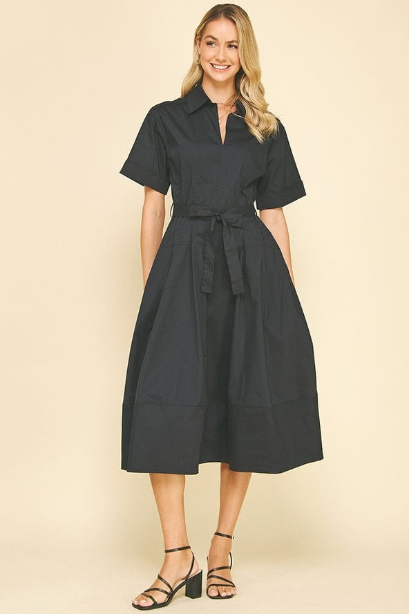 Pinch Short Sleeve Tie Belt Cotton Midi Dress in Ink - Little Miss Muffin Children & Home