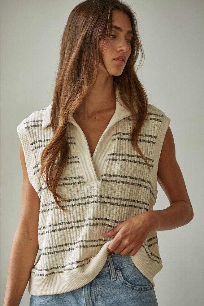 By Together Cream Black Knit Open Collar Neck Sleeveless Top - Little Miss Muffin Children & Home