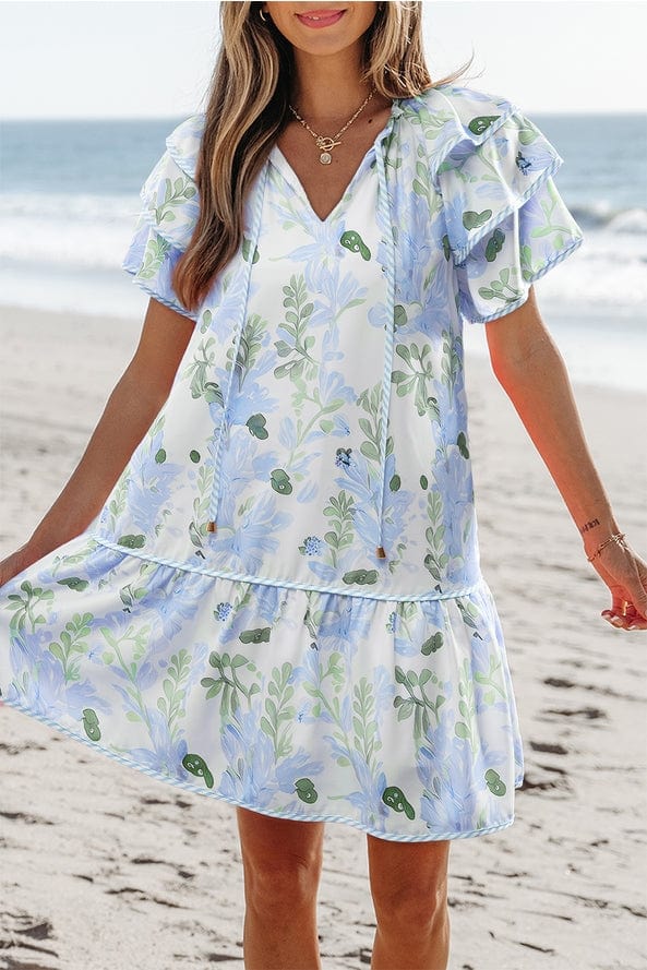 Aapparella Aapparella Floral Contrast Edge Layered Tied Neck Mini Dress in Blue - Little Miss Muffin Children & Home