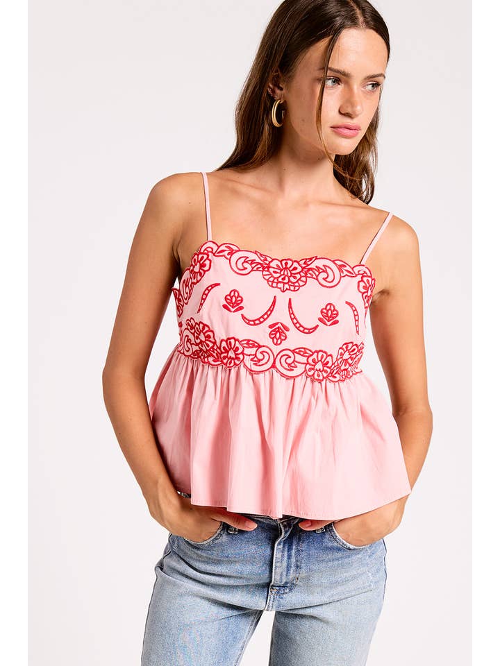 Camellia Embroidered Cami Top in Baby Pink