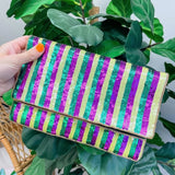 Prep Obsessed Wholesale Mardi Gras Stripe Sequin Clutch