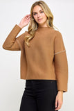 Ellison Contrast Stitch Mock Neck Sweater in Camel