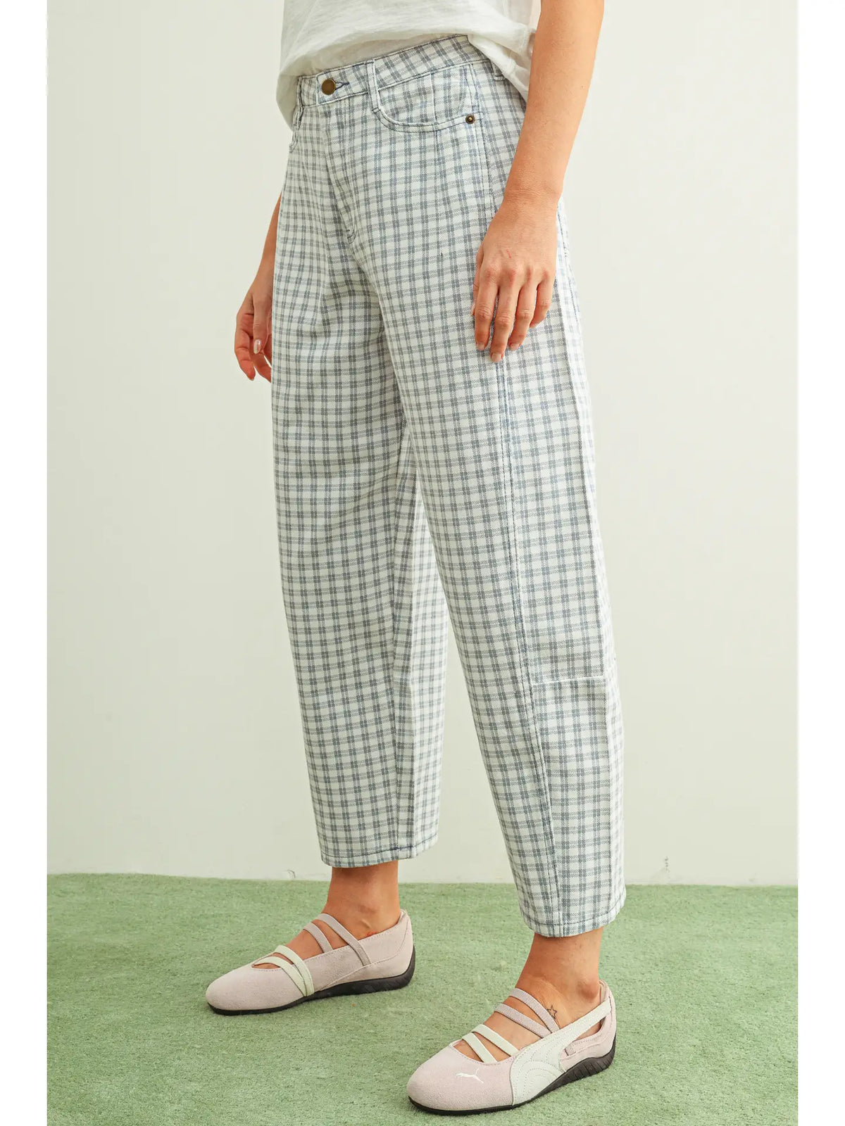 Mini Check Barrel Pants in Blue