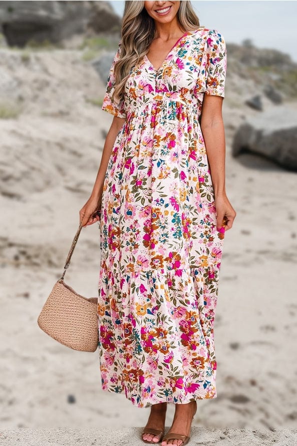 Aapparella Aapparella Floral Short Sleeve V Neck High Waist Maxi Dress - Little Miss Muffin Children & Home