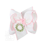 Beyond Creations Embroidered Wreath Crochet Edge Hair Bows -White with Light Pink Crochet Edge