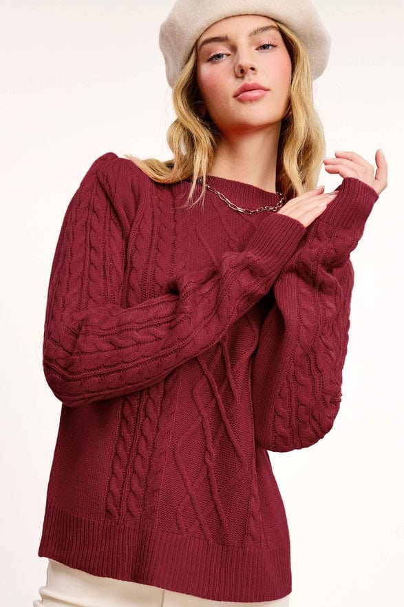 La Miel La Miel Cable Knit Crew Neck Sweater in Deep Maroon - Little Miss Muffin Children & Home