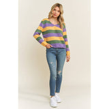 Relaxed Fit Mardi Gras Stripe V-Neck Sweater