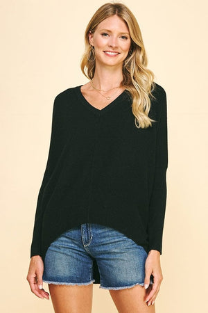 Pinch Dolman Sleeve V-Neck Sweater in Black