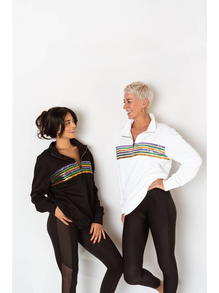 White Mardi Gras Adult Sequin Chest Stripe 1/4 Zip Pullover