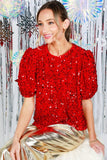 Vine & Love Sequin Velvet Puff Sleeve Blouse in Red