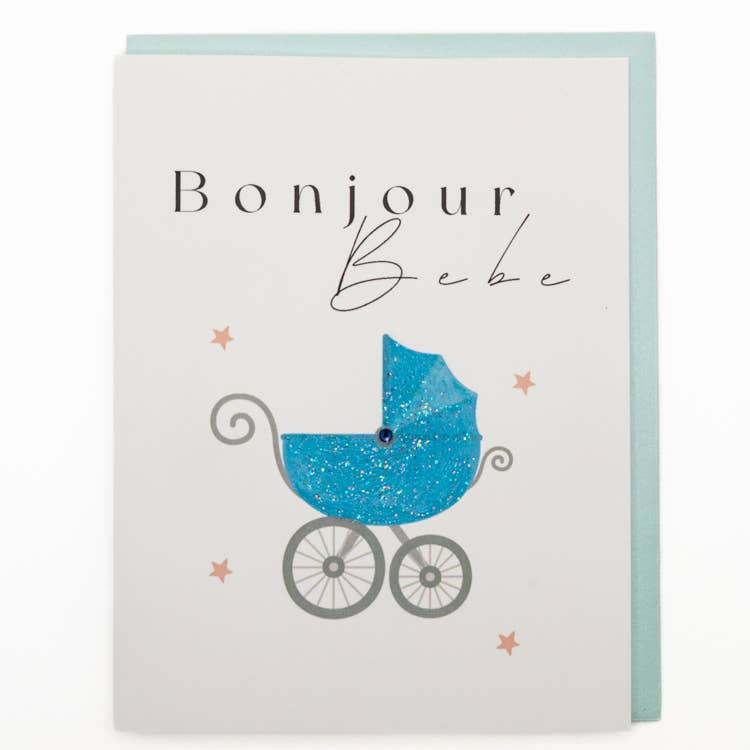 'Bonjour Boy' Baby Carriage Baby Shower Greeting Card