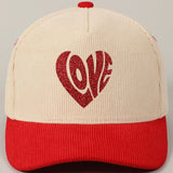 Fashion City Heart Love Glitter Logo Two-Tone Corduroy Cap, Red